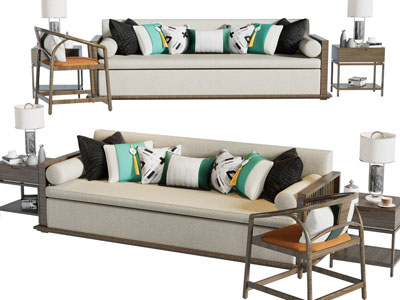 新中式多人沙发、休闲椅、边几组合