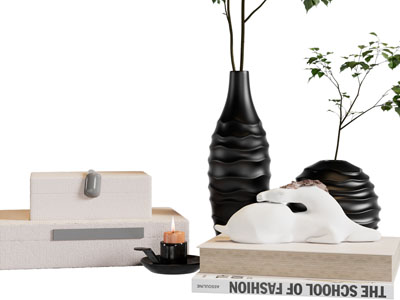 现代书籍、烛台、花瓶花卉摆件组合