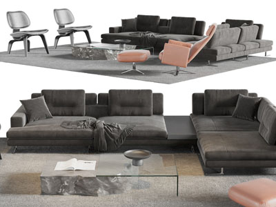 现代布艺转角多人沙发、休闲椅子和茶几组合