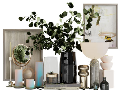 现代烛台、花瓶花卉和台灯摆件组合