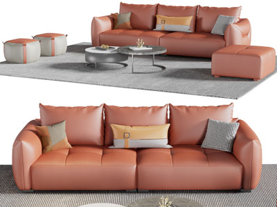 现代双人沙发、坐墩和茶几组合