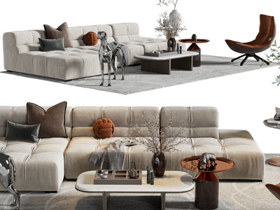 现代布艺多人沙发、茶几组合
