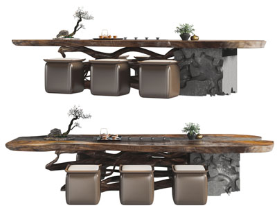 新中式树雕茶桌凳子组合