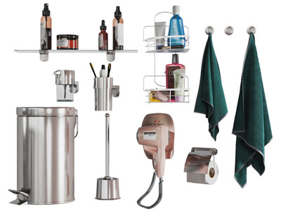 现代垃圾桶、吹风机、毛巾和洗浴用品