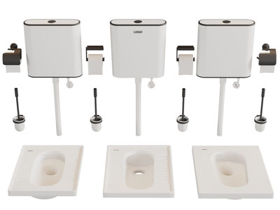 现代陶瓷蹲便池、水箱和马桶刷