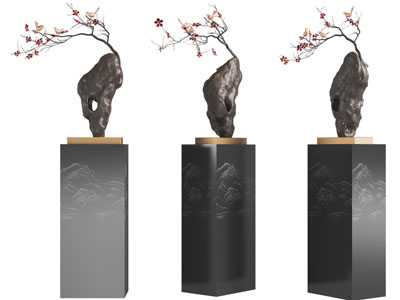 新中式假山石头梅花工艺品摆件