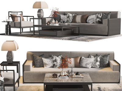 新中式多人沙发、扶手椅子和茶几组合