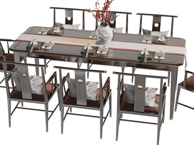 新中式实木长方形餐桌椅组合