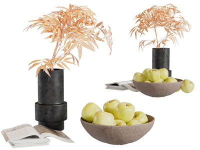 现代花瓶花卉、果盘书籍摆件组合