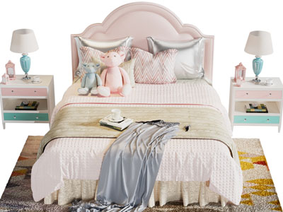 现代女孩双人床、床头柜