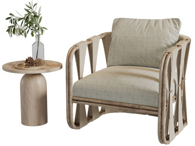 侘寂风休闲单人沙发、边几3d模型 侘寂风休闲单人沙发、边几