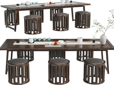 新中式实木长方形茶桌、圆凳组合