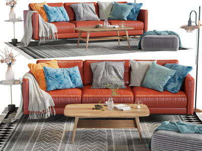 现代红色多人沙发、坐墩和茶几组合