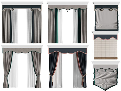 新中式窗帘盒窗帘窗纱、拉帘卷帘