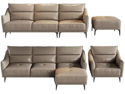 现代皮质多人、单人沙发、脚踏