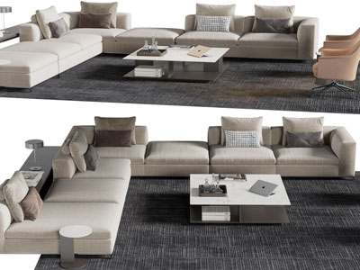 现代布艺多人沙发、休闲椅子和茶几组合
