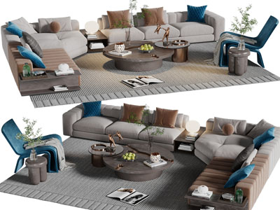 现代转角多人沙发、休闲椅子和茶几组合