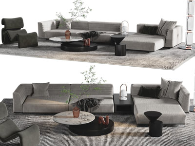 现代多人沙发、休闲椅子和茶几组合