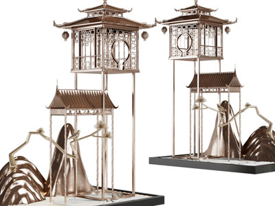 新中式建筑山脉摆件组合