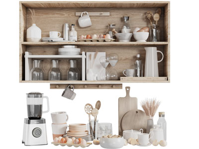 现代收纳架上的碗碟调味瓶厨具、厨房用品