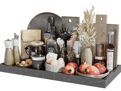 现代托盘里的调味瓶、厨具