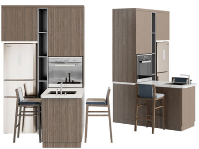 现代组合吧台吧椅嵌入冰箱烤箱的橱柜