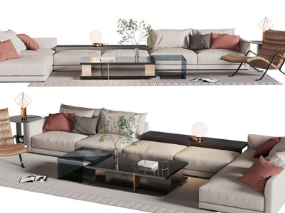 现代多人转角多人沙发、休闲椅子和茶几组合