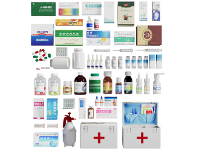 现代排列整齐的瓶装、盒装药品和医疗箱3d模型 现代排列整齐的瓶装、盒装药品和医疗箱