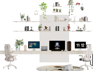 现代加长书桌椅组合、墙面收纳摆件