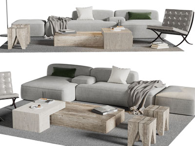 现代布艺多人沙发、休闲椅子和茶几组合