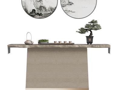 新中式端景台、盆景、茶具杯子3d模型 新中式端景台、盆景、茶具杯子