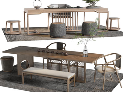 新中式实木长方形茶桌椅组合