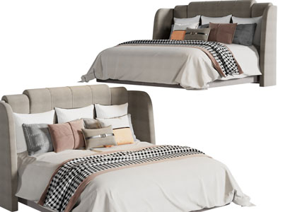 现代布艺双人床、抱枕靠垫