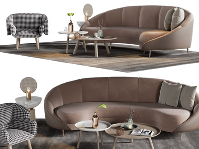 现代弧形多人沙发、休闲椅子和茶几组合