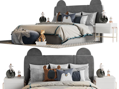 现代儿童双人床、床头柜