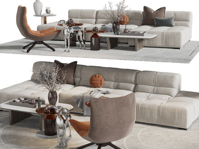 现代布艺多人沙发、休闲椅子和茶几组合