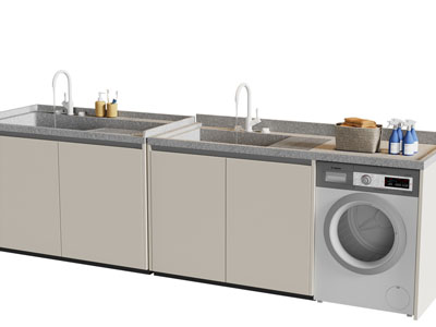 现代嵌入洗衣机、带洗手盆的收纳柜