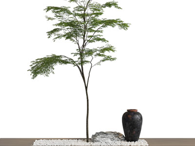 新中式树木、石子、陶罐景观小品