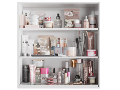 现代收纳架里的化妆品
