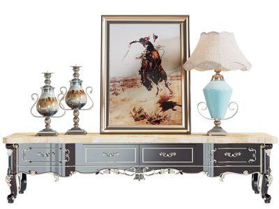 欧式装饰金色雕花的电视柜、摆件