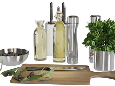 现代调味瓶、切菜板、刀具厨具