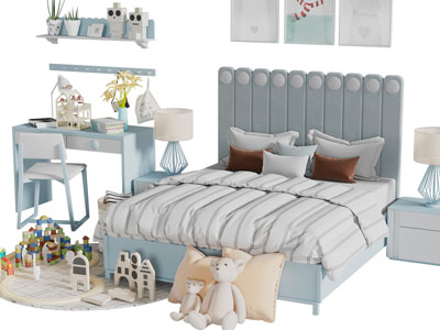 现代儿童双人床、书桌椅组合