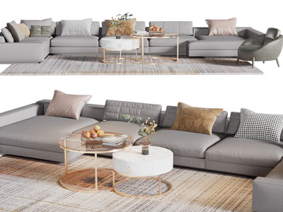 现代多人沙发、休闲椅子和茶几组合