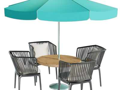 现代户外遮阳伞、餐桌椅组合