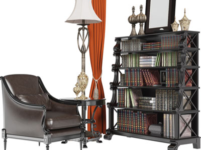 欧式实木书柜、单人沙发和落地灯