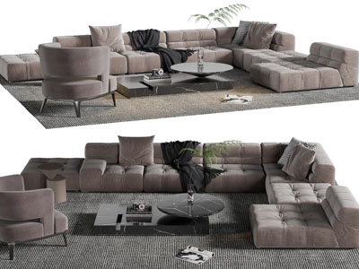 现代转角多人沙发、休闲椅子和茶几组合