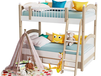 现代实木儿童上下床、帐篷
