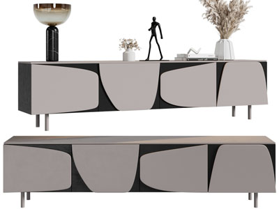 现代长方形电视柜、摆件组合