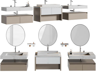 现代方形单盆洗手台、浴室镜