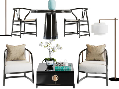 新中式单人沙发、边几3d模型 新中式单人沙发、边几